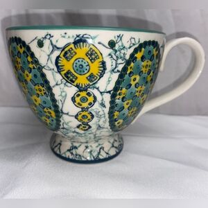 Anthropologie Coffee Mug Kebaya Footed Pedestal Tea Cup Teal Blue Yellow 12 oz